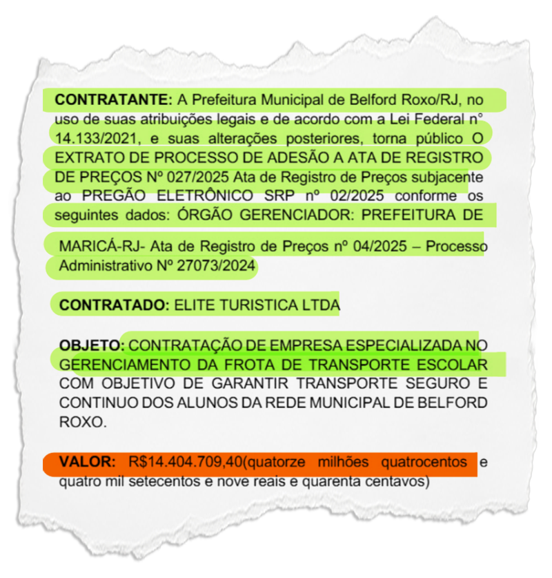 Prefeitura de Belford Roxo faz mais um contrato sem licitação: R$ 14,4 milhões para gestão da frota escolar