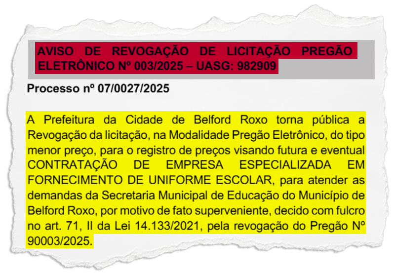 Belford Roxo: Prefeitura cancela licitação e compra mais de R$ 11 milhões em uniformes via adesão de ata de registro de preços