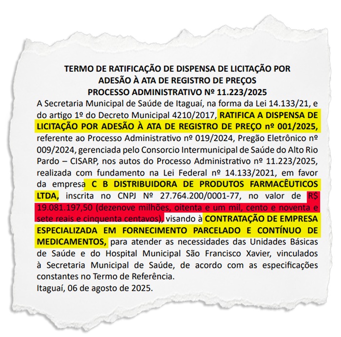 Fim de governo interino não interrompe contratação de despesas sem licitação na Prefeitura de Itaguaí: mais R$ 19,7 milhões