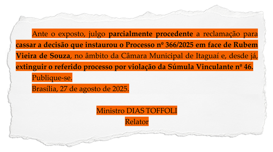 Rubão 3 x Haroldinho 0: ministro Dias Toffoli derruba comissão processante instalada para cassar o prefeito de Itaguaí