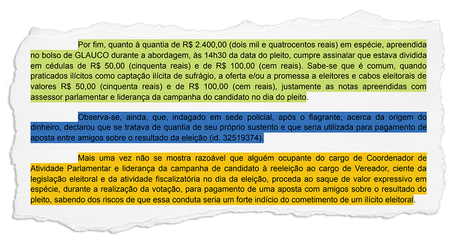 Assessor de vereador cassado alegou que dinheiro apreendido com ele era para pagar uma aposta sobre resultado da eleição