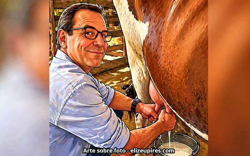 Depois de montar a cavalo, Paes experimenta a ordenha