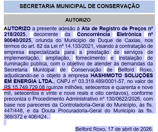 Empresa de iluminação ganha mais um contrato sem licitação na Baixada