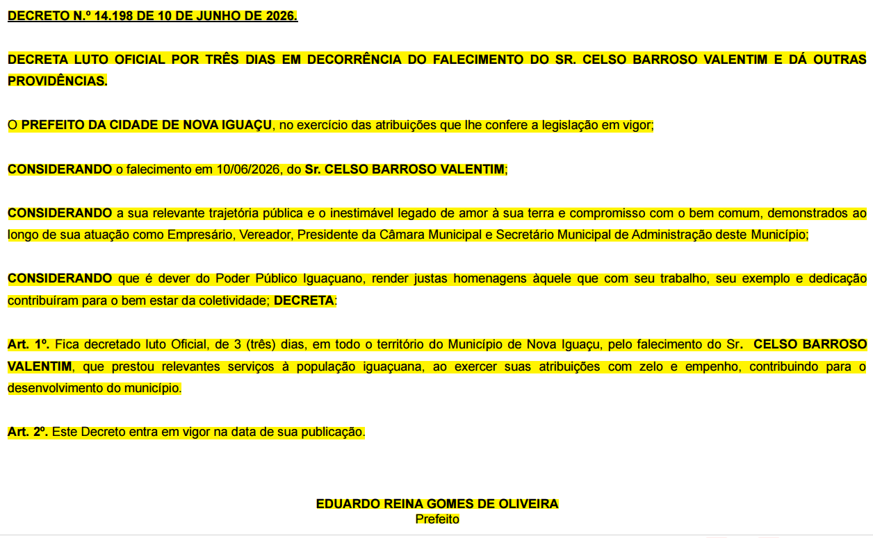 “Nova Iguaçu perdeu um grande homem público”, diz o prefeito da cidade sobre a morte de Celso Valentim